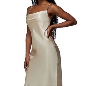 BeBe Satin Slip Dress with Chain Straps in Champagne